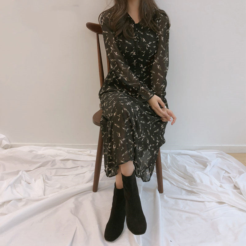 French Retro Mid-length Dress With Slim Waist And Floral Chiffon Long Sleeves