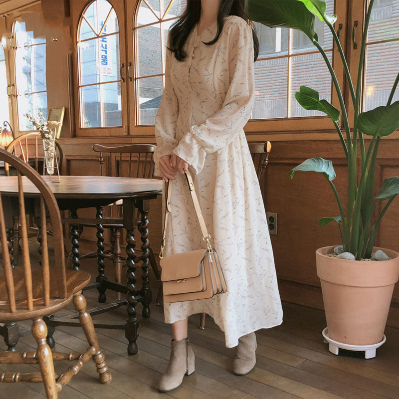 French Retro Mid-length Dress With Slim Waist And Floral Chiffon Long Sleeves