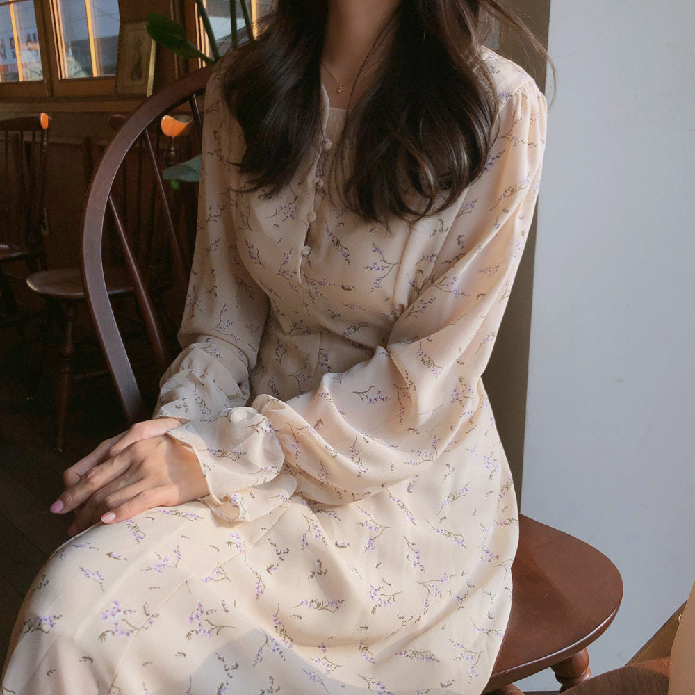 French Retro Mid-length Dress With Slim Waist And Floral Chiffon Long Sleeves