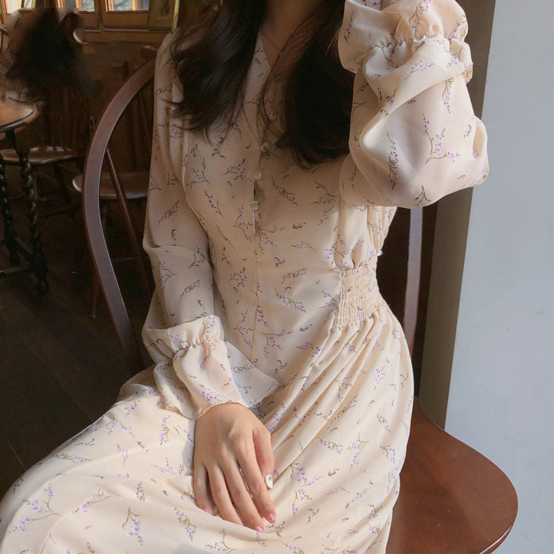 French Retro Mid-length Dress With Slim Waist And Floral Chiffon Long Sleeves