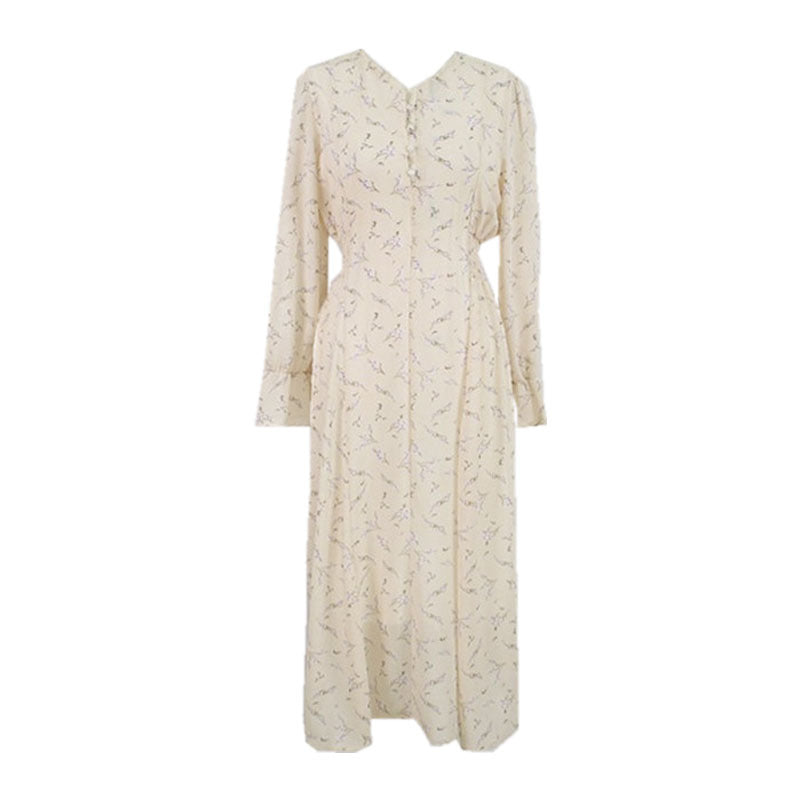 French Retro Mid-length Dress With Slim Waist And Floral Chiffon Long Sleeves