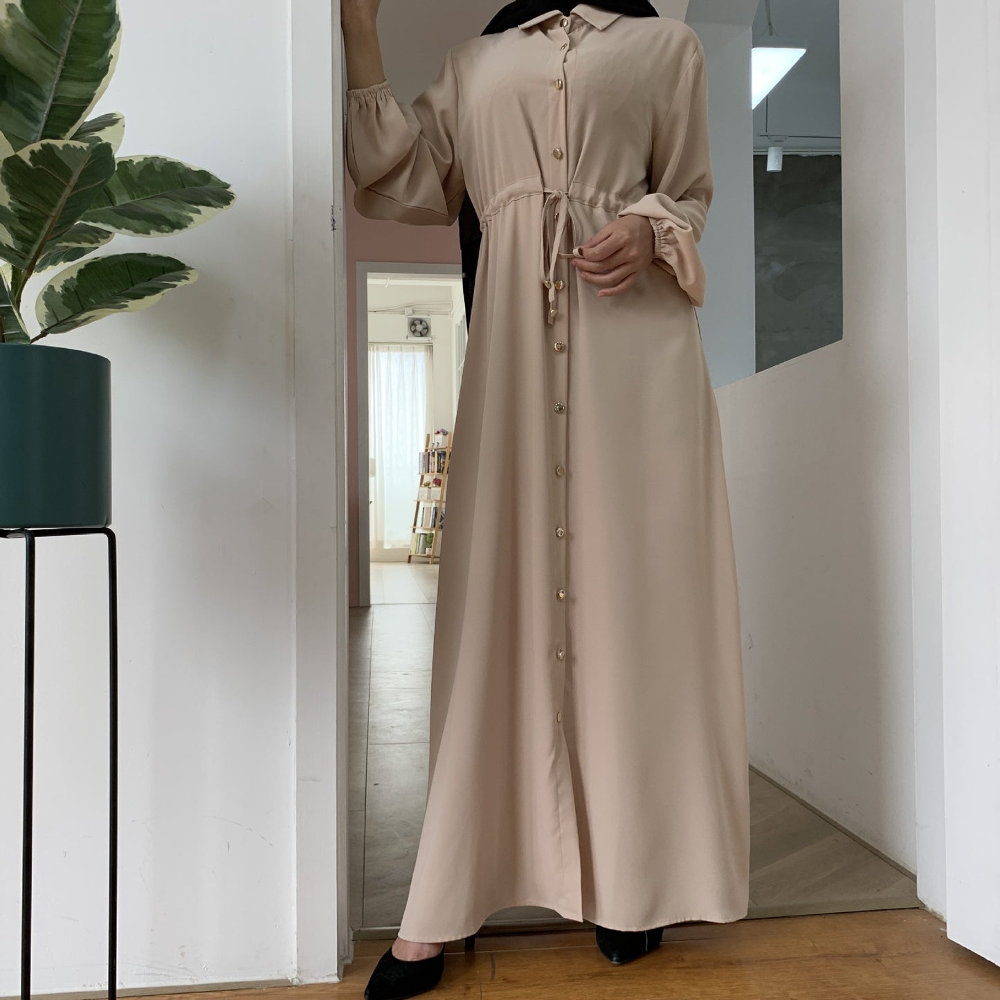 Lapel Solid Color Full Button Slim Dress Llong Skirt