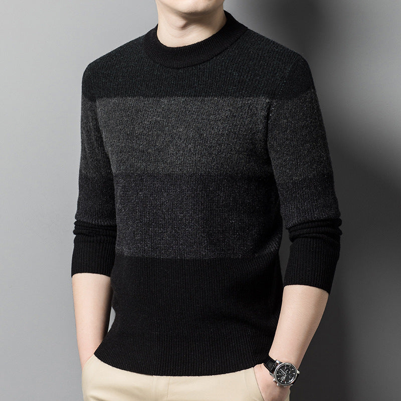 Winter Men's Thick Sweater Middle-aged Worsted High Quality Round Neck Striped Casual