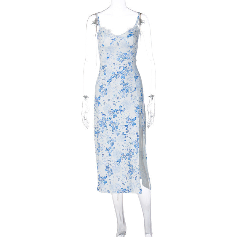 Lace Flowers Print Long Dress Womens