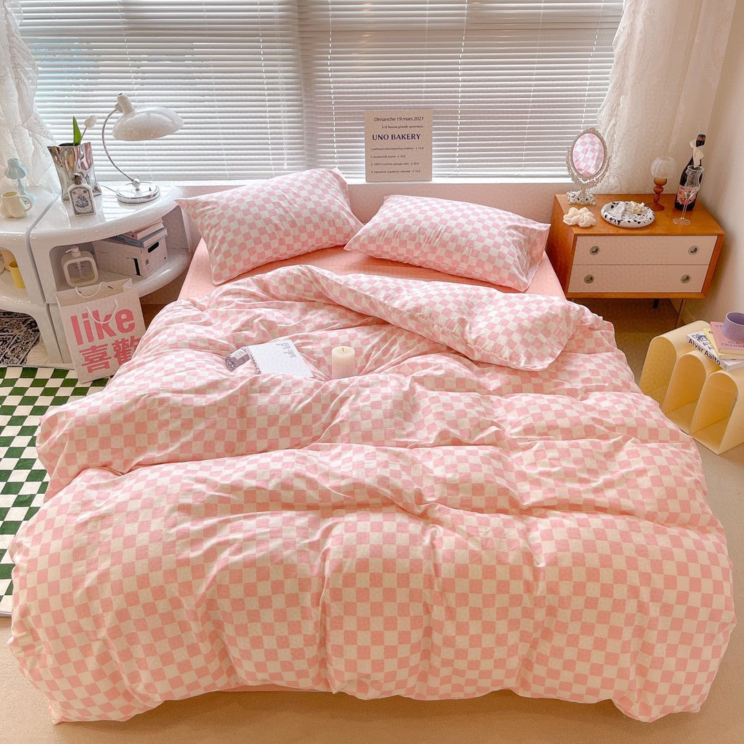 Cotton Checkerboard Bed Set Of Four Pieces