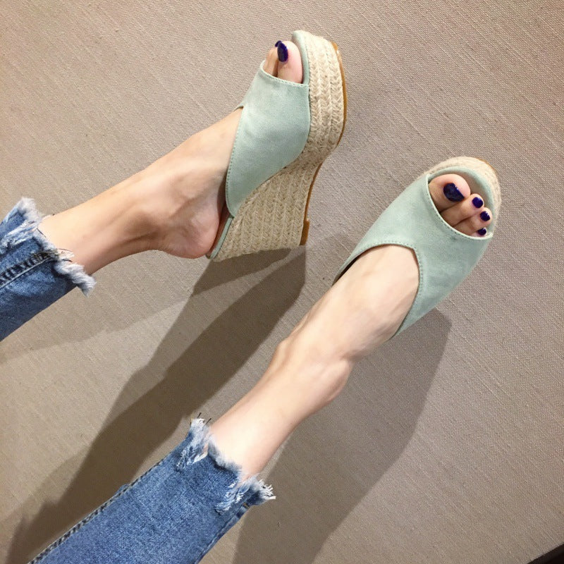 Women's Fashion Word Strap Peep Toe Suede Platform Platform Wedge Slippers