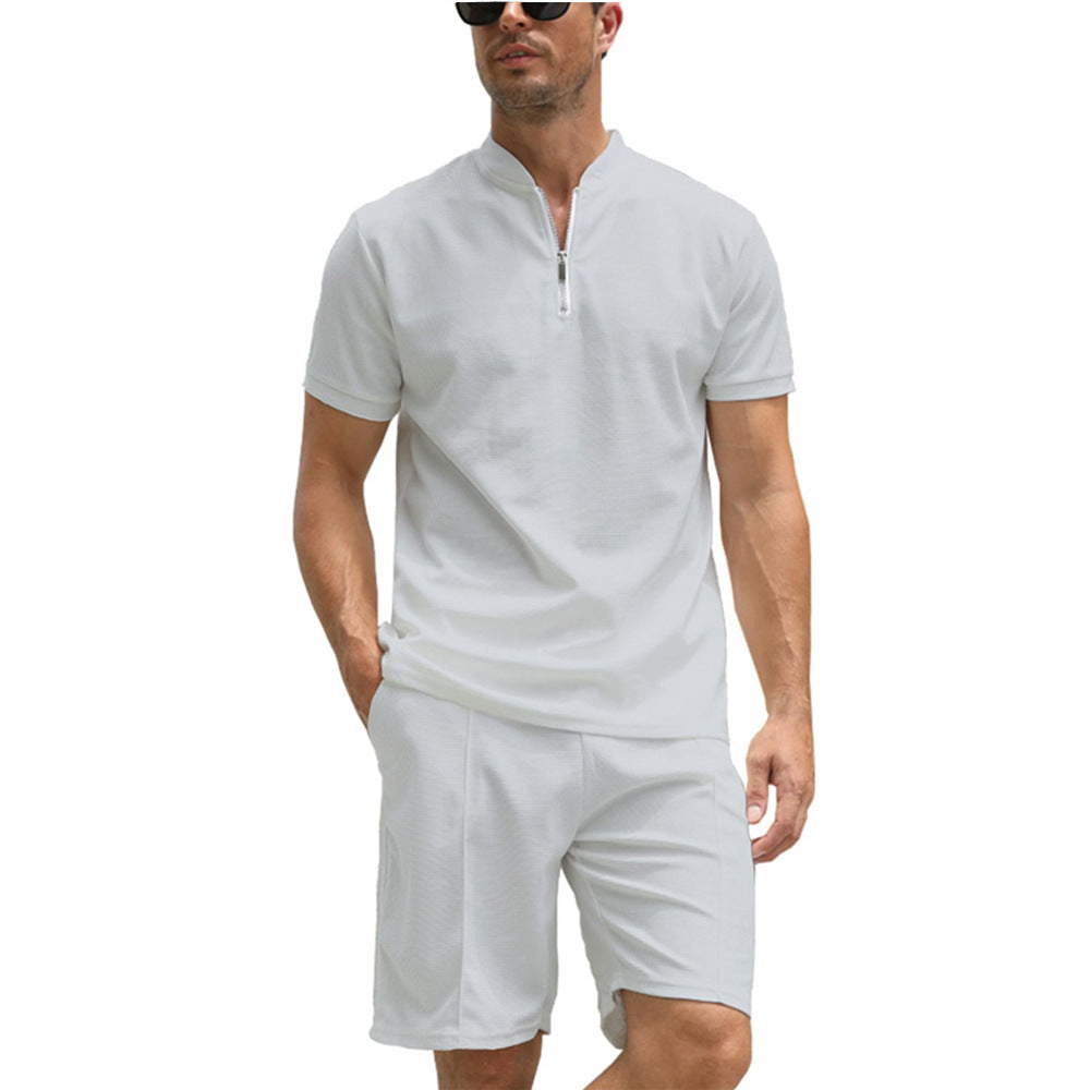 POLO Men's Zip-up Shirt Short Sleeve Crew Neck Casual Shorts Suit