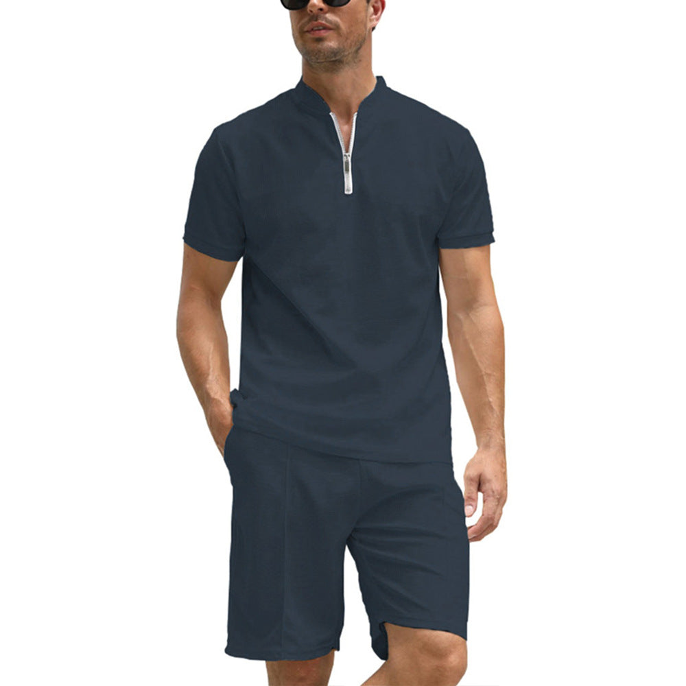 POLO Men's Zip-up Shirt Short Sleeve Crew Neck Casual Shorts Suit