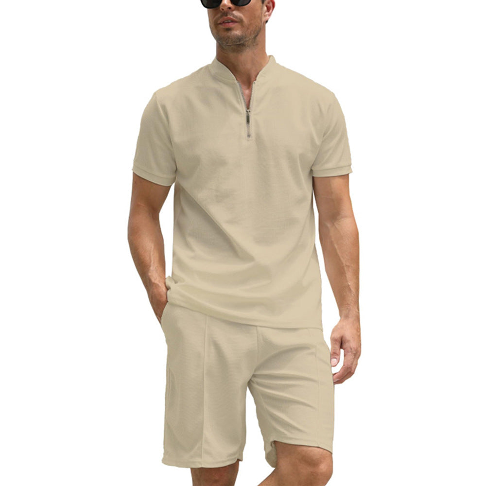 POLO Men's Zip-up Shirt Short Sleeve Crew Neck Casual Shorts Suit