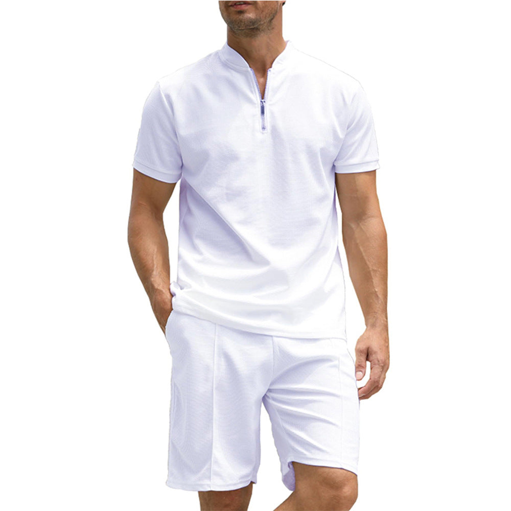 POLO Men's Zip-up Shirt Short Sleeve Crew Neck Casual Shorts Suit