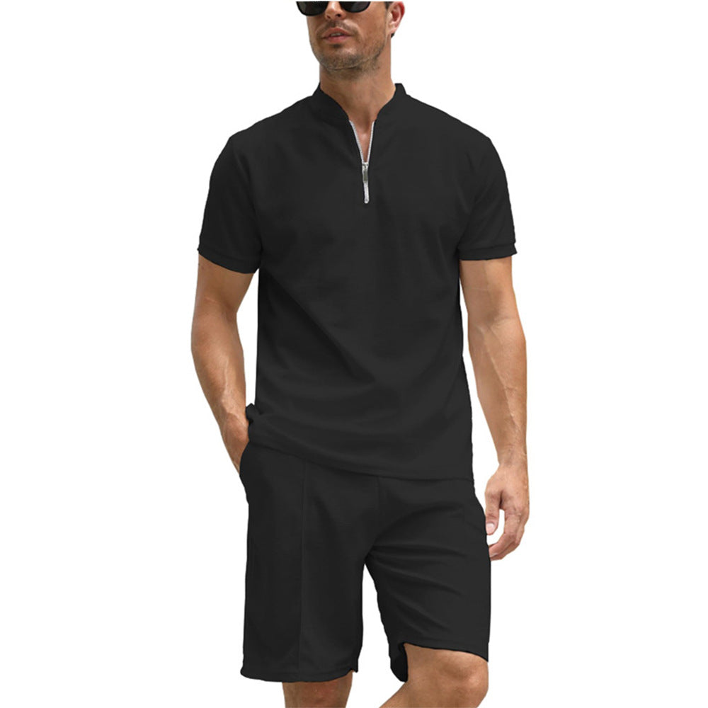 POLO Men's Zip-up Shirt Short Sleeve Crew Neck Casual Shorts Suit