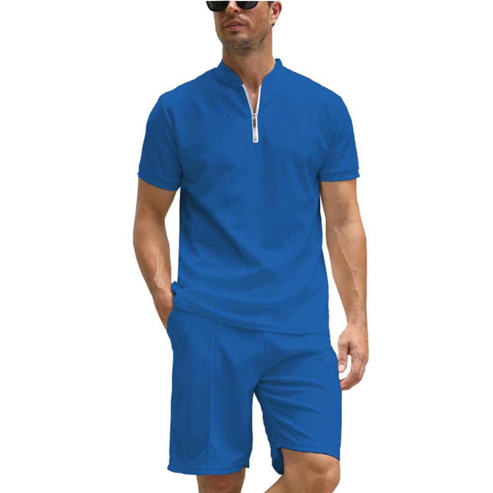 POLO Men's Zip-up Shirt Short Sleeve Crew Neck Casual Shorts Suit