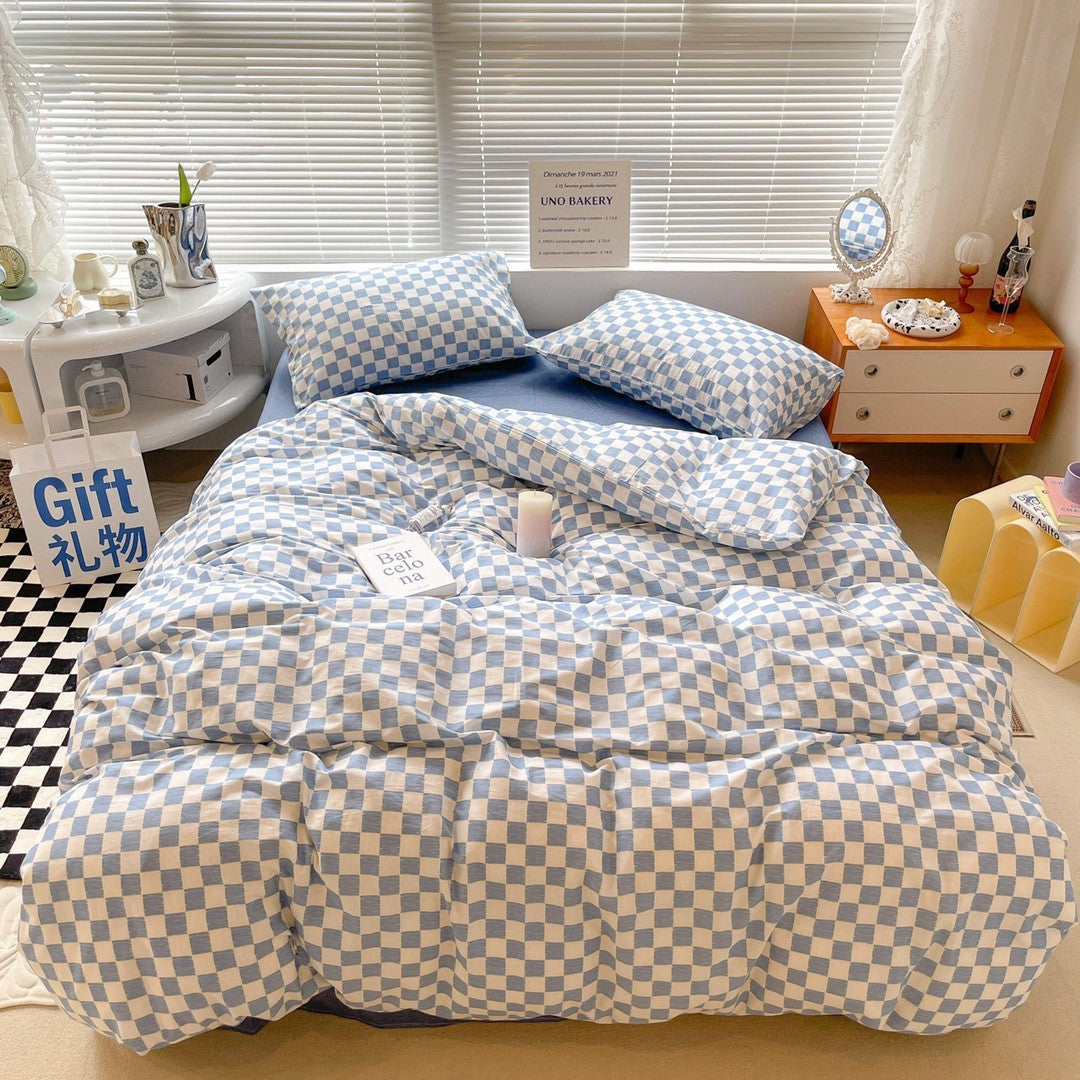 Cotton Checkerboard Bed Set Of Four Pieces