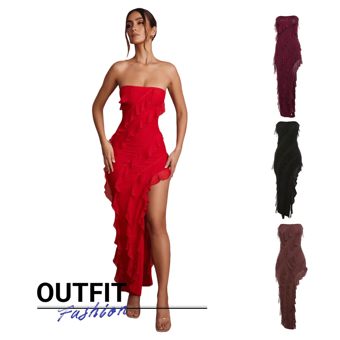 Women's Fashion Tube Top Backless Split Tassel Dress