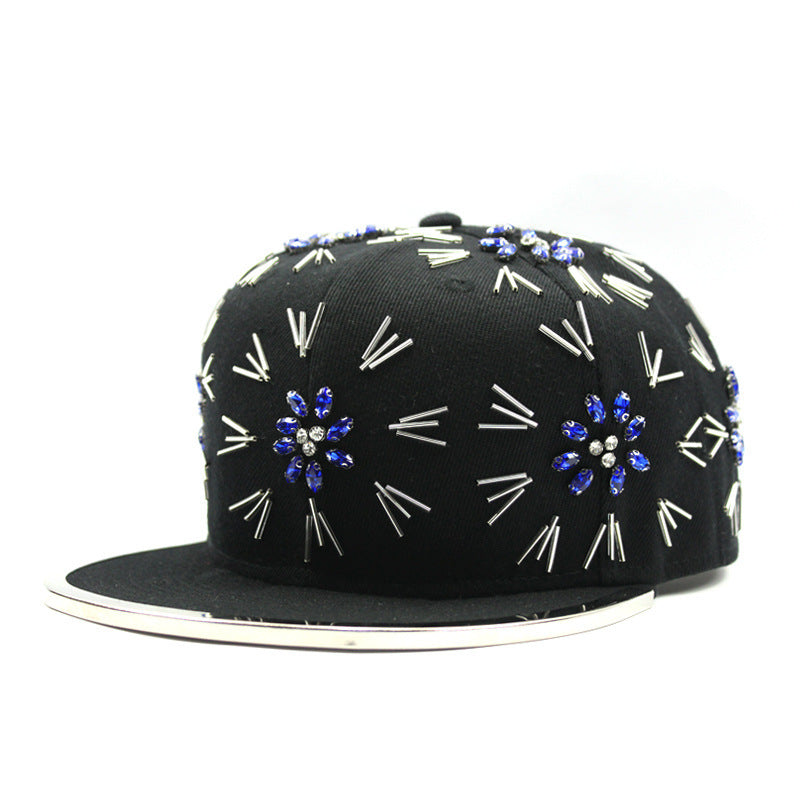 Men's Fireworks Colorful Crystals Metal Edging Hiphop Performance Peaked Cap